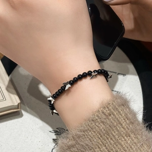Elegant beaded bracelet with black agate pearls and silver butterfly charms for women