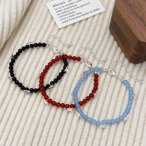 Natural Agate Stone Beaded Bracelet Copper Butterfly Charms Adjustable Extension Chain Elegant Vintage Jewelry For Women