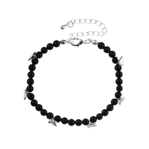 Adjustable black agate beaded bracelet featuring multiple silver butterfly charms for women