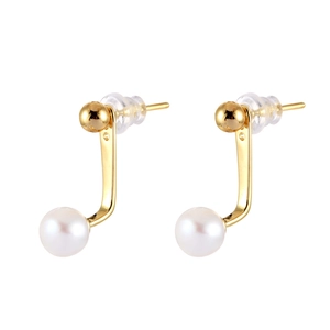 Elegant J-shaped gold-plated stud earrings with minimalist freshwater pearls