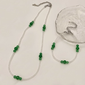 Natural Stone Beaded Necklace And Bracelet Green Chalcedony Seed Bead Handmade Boho Jewelry For Women Elegant
