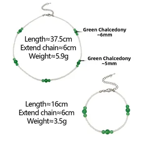 Detail view of green chalcedony bead necklace and bracelet set with dimensions