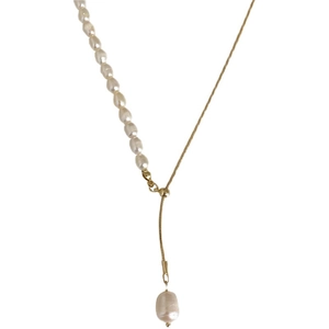 Elegant freshwater pearl Y-necklace with gold snake chain and minimalist pendant