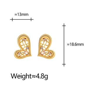 Gold hollow heart stud earrings with cubic zirconia stones showing 13mm by 18mm dimensions