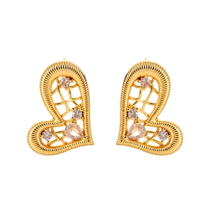 Elegant gold hollow heart earrings with cubic zirconia stones on white background