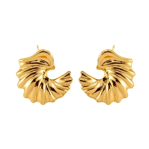 Minimalist gold wing earrings with a textured fan design on a clean white background