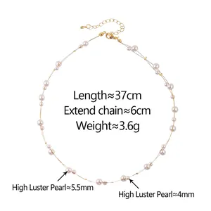 Elegant French style pearl necklace with 37cm chain and 5.5mm pearls on white background