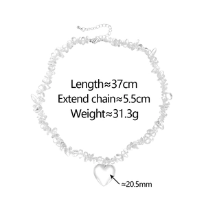 Natural white crystal heart pendant necklace with dimensions and weight specs