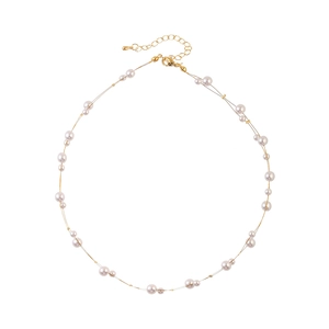 Elegant double-layered gold chain necklace with lustrous pearls and adjustable lobster clasp