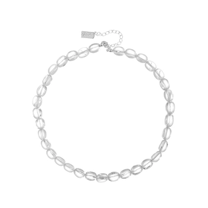 Elegant glass bead collar necklace with clear oval beads and silver metal chain