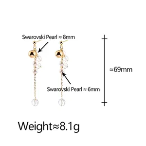 French vintage style long pearl tassel earrings with gold chains measuring 69mm in length