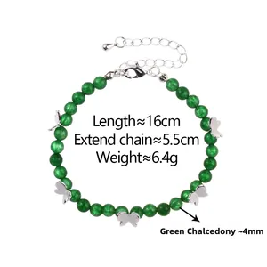 Detail of green chalcedony beaded bracelet with dimensions and bow charms