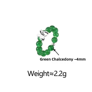 Green chalcedony beaded ring with silver butterfly charm and 4mm beads detail