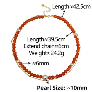 Detailed view of beaded necklace length specs with orange agate and white pearls