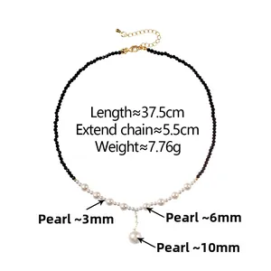 Detail view of black crystal and pearl necklace with length and weight measurements