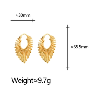 Gold-plated fan-shaped radial textured hoop earrings with dimensions 30mm by 35.5mm