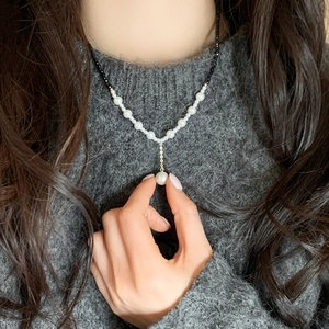 French luxury black spinel necklace with elegant freshwater pearls and a round pendant