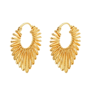 Golden hoop earrings with fan-shaped pleated texture and retro bohemian metal details