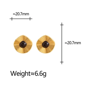 Irregular vintage gold metal stud earrings with black center gemstone and dimensions