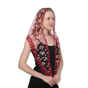 Burgundy lace triangle scarf with white floral embroidery and tassels for church use