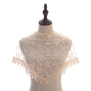 Elegant floral lace triangle scarf with tassels and mesh embroidery in beige tone