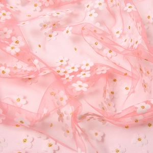 Pink mesh triangle scarf with white daisy floral patterns and sparkling gold details