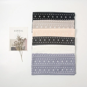 Detail of cotton linen scarves in six colors featuring polka dot and geometric patterns