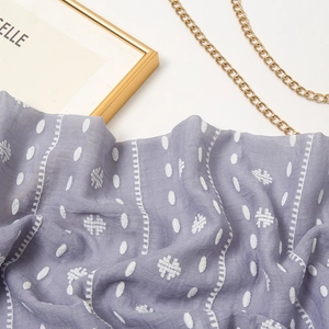Lavender purple cotton linen scarf with white polka dots and vertical stripes on white base