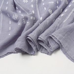 Lightweight purple cotton linen scarf with white polka dot embroidery for spring summer