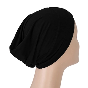 Detail view of the soft modal headscarf featuring elastic back pleats for a secure fit
