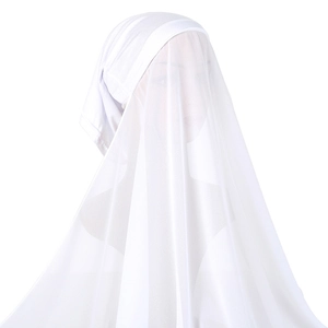 Detail of white pearl chiffon hijab with integrated headscarf and breathable face veil