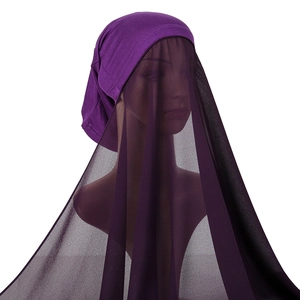 Detail of dark purple chiffon hijab set with elastic undercap and breathable mesh veil