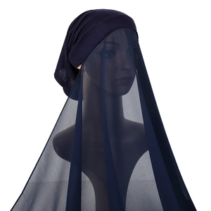 Detailed texture of dark blue chiffon veil and knit inner cap set for Muslim women