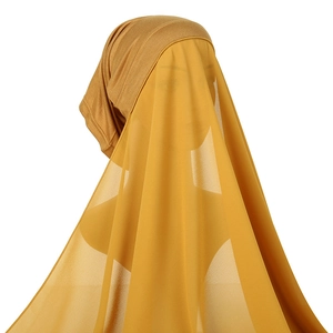 Mustard yellow two-in-one chiffon hijab set featuring an inner cap and draped shawl