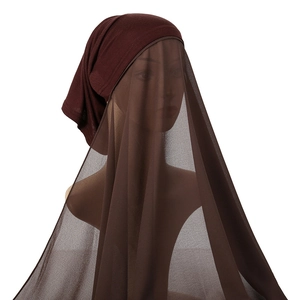 Detailed view of dark brown Muslim headscarf set with jersey inner cap and chiffon veil