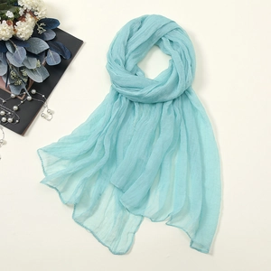 Detail of light blue 30D chiffon scarf showing lightweight translucent pleated texture