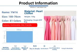 Detailed spec sheet for pearl chiffon hijab showing 180x70cm size and 130g weight