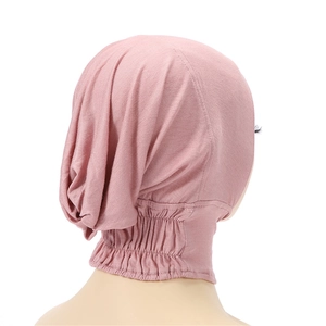 Rose pink modal hijab inner cap with elastic neck design shown from side-back view