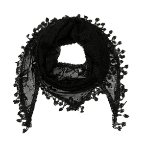 Classic black floral lace triangle shawl featuring elegant fringe tassels for women