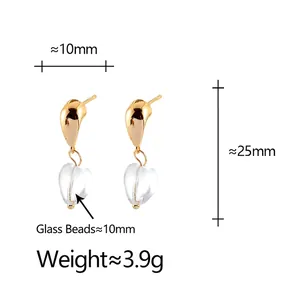 Elegant gold drop earrings featuring 10mm transparent heart glass beads for women