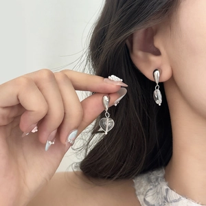 Elegant silver heart glass bead drop earrings for women with minimalist aesthetic