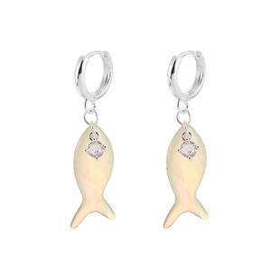 Elegant silver hoop earrings with shimmering shell fish pendants and sparkling zircon accents