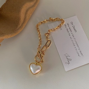 Heart Charm Bracelet Gold Plated Copper With Mother Of Artificial Pearl Shell Inlay Toggle Clasp French Retro Jewelry For Women