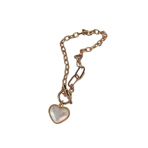 French vintage gold chain heart bracelet with toggle clasp and mother of pearl inlay