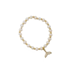 Elegant freshwater pearl bracelet with golden beads and a sparkling diamond fish tail charm