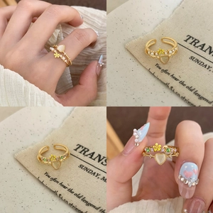 Copper Open Adjustable Ring With Heart Shaped Cat Eye Stone Artificial Pearl Flower Enamel And Zircon Elegant Sweet Jewelry For Women