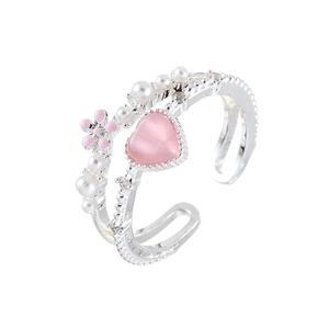 Minimalist silver open ring with pink heart stone and pearl accents for women