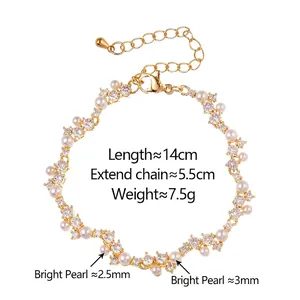 Elegant gold pearl and zircon bracelet featuring irregular design and adjustable chain