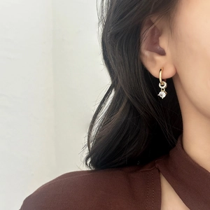 Minimalist gold hoop earrings with sparkling round zircon pendant for women's daily wear