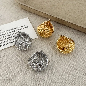 Hollow Mesh Woven Ball Hoop Earrings Copper Gold Silver Plated Geometric Niche Style For Women Fashion Jewelry